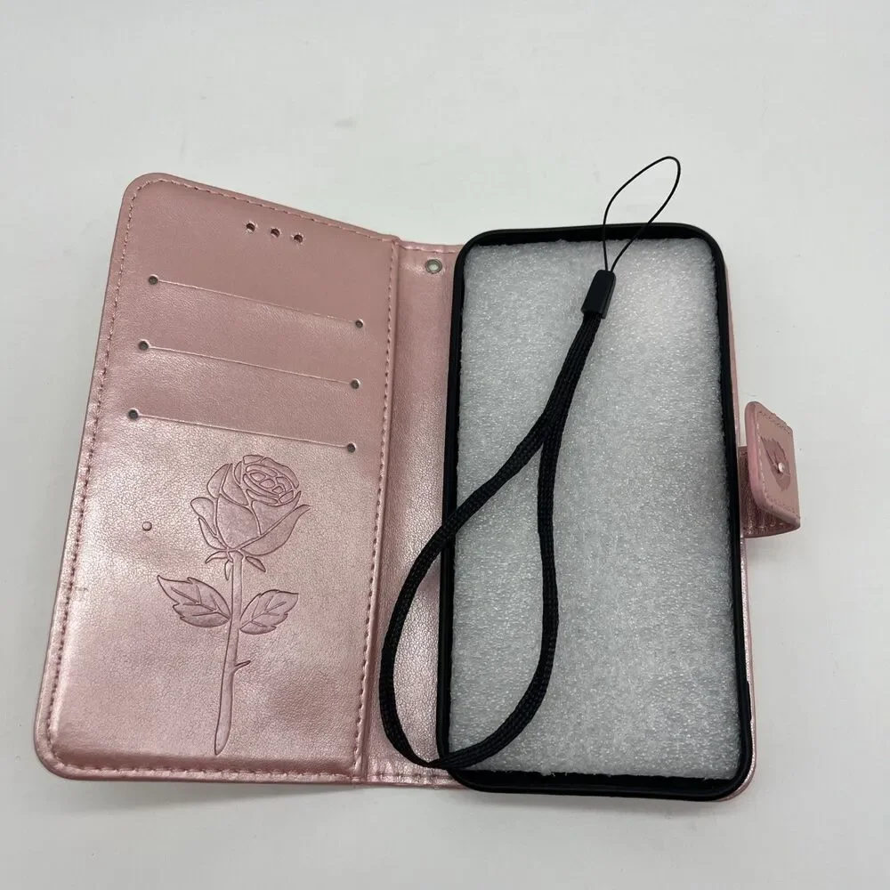 IPhone 13 Case Wallet Pink Bling Butterflies Magnetic Clasp